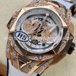 HB Factory Hublot Big Bang Sang Bleu 418.OX.2001.RX.1604.MXM20 45mm Rose Gold Diamond White Rubber Strap Skeletonized White Dial