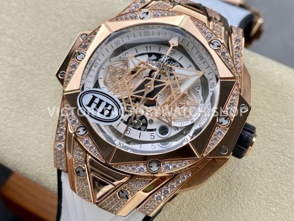 HB Factory Hublot Big Bang Sang Bleu 418.OX.2001.RX.1604.MXM20 45mm Rose Gold Diamond White Rubber Strap Skeletonized White Dial