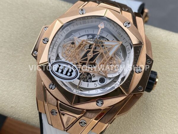 HB Factory Hublot Big Bang Sang Bleu 418.OX.2001.RX.MXM20 45mm Rose Gold White Rubber Strap Skeletonized White Dial