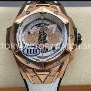 HB Factory Hublot Big Bang Sang Bleu 418.OX.2001.RX.MXM20 45mm rose gold white rubber strap skeletonized white dial replica watch