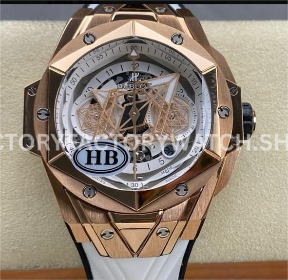 HB Factory Hublot Big Bang Sang Bleu 418.OX.2001.RX.MXM20 45mm rose gold white rubber strap skeletonized white dial replica watch