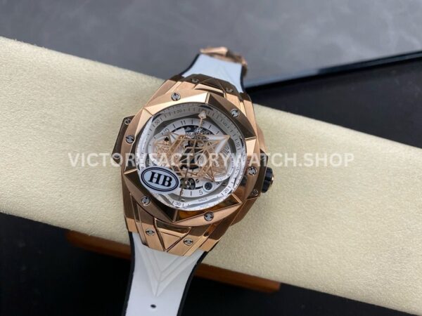 HB Factory Hublot Big Bang Sang Bleu 418.OX.2001.RX.MXM20 45mm Rose Gold White Rubber Strap Skeletonized White Dial