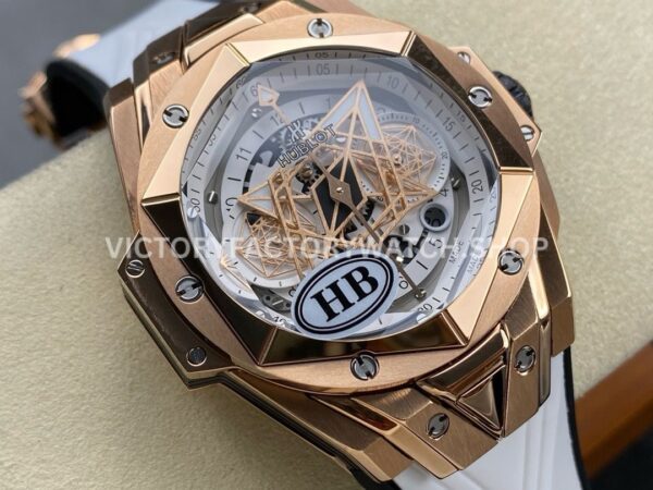 HB Factory Hublot Big Bang Sang Bleu 418.OX.2001.RX.MXM20 45mm Rose Gold White Rubber Strap Skeletonized White Dial