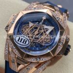 HB Factory Hublot Big Bang Sang Bleu 418.OX.5108.RX.1604.MXM20 45mm Rose Gold Diamond Blue Rubber Strap Skeletonized Blue Dial