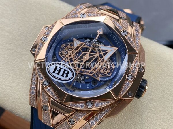 HB Factory Hublot Big Bang Sang Bleu 418.OX.5108.RX.1604.MXM20 45mm Rose Gold Diamond Blue Rubber Strap Skeletonized Blue Dial