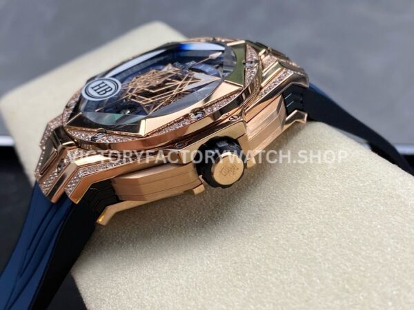 HB Factory Hublot Big Bang Sang Bleu 418.OX.5108.RX.1604.MXM20 45mm Rose Gold Diamond Blue Rubber Strap Skeletonized Blue Dial