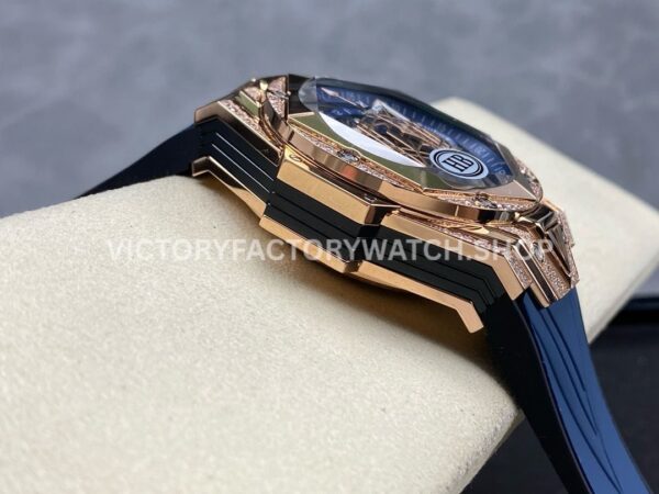 HB Factory Hublot Big Bang Sang Bleu 418.OX.5108.RX.1604.MXM20 45mm Rose Gold Diamond Blue Rubber Strap Skeletonized Blue Dial