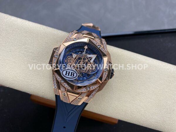 HB Factory Hublot Big Bang Sang Bleu 418.OX.5108.RX.1604.MXM20 45mm Rose Gold Diamond Blue Rubber Strap Skeletonized Blue Dial