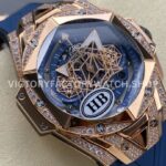 HB Factory Hublot Big Bang Sang Bleu 418.OX.5108.RX.1604.MXM20 45mm Rose Gold Diamond Blue Rubber Strap Skeletonized Blue Dial