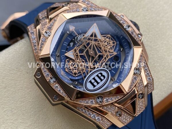 HB Factory Hublot Big Bang Sang Bleu 418.OX.5108.RX.1604.MXM20 45mm Rose Gold Diamond Blue Rubber Strap Skeletonized Blue Dial