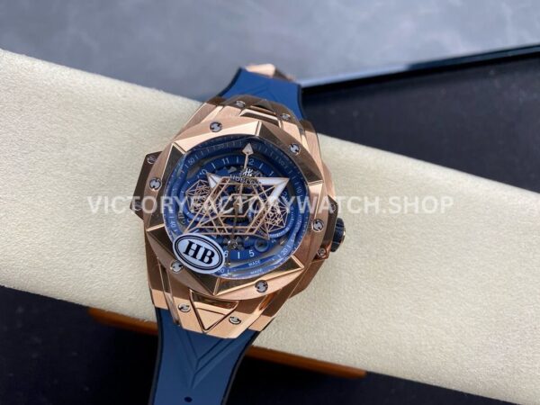 HB Factory Hublot Big Bang Sang Bleu 418.OX.5108.RX.MXM20 45mm Rose Gold Blue Rubber Strap Skeletonized Blue Dial