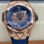 HB Factory Hublot Big Bang Sang Bleu 418.OX.5108.RX.MXM20 45mm rose gold blue rubber strap skeletonized blue dial replica watch
