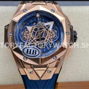 HB Factory Hublot Big Bang Sang Bleu 418.OX.5108.RX.MXM20 45mm rose gold blue rubber strap skeletonized blue dial replica watch