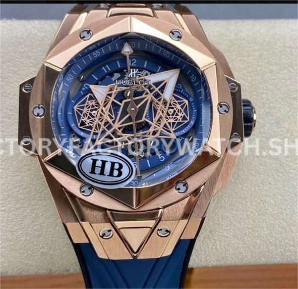 HB Factory Hublot Big Bang Sang Bleu 418.OX.5108.RX.MXM20 45mm rose gold blue rubber strap skeletonized blue dial replica watch