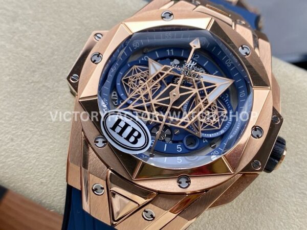 HB Factory Hublot Big Bang Sang Bleu 418.OX.5108.RX.MXM20 45mm Rose Gold Blue Rubber Strap Skeletonized Blue Dial