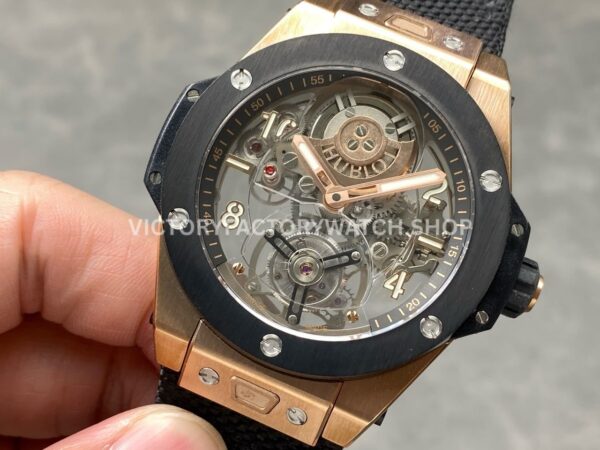 HB Factory Hublot Big Bang Tourbillon 429.NS.0170.RX.YOS 45mm Rose Gold Canvas Strap Ceramic Bezel Arabic Numerals Skeletonized Dial