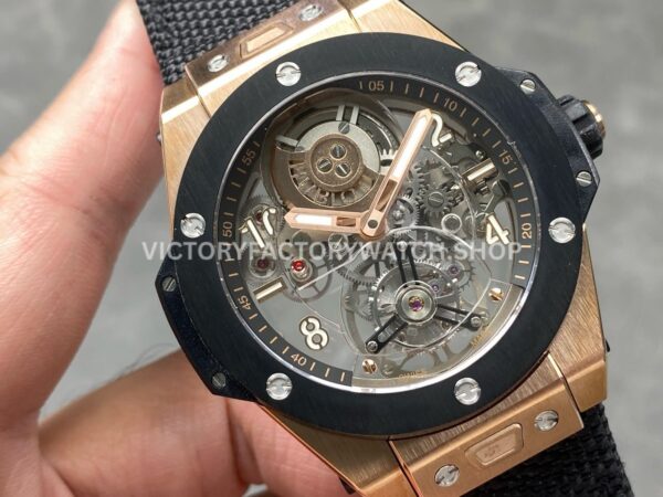 HB Factory Hublot Big Bang Tourbillon 429.NS.0170.RX.YOS 45mm Rose Gold Canvas Strap Ceramic Bezel Arabic Numerals Skeletonized Dial