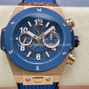 HB Factory Hublot Big Bang Unico 421.OL.5180.RX 45mm rose gold rubber strap skeletonized blue dial replica watch