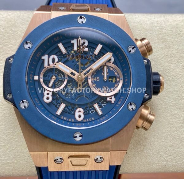 HB Factory Hublot Big Bang Unico 421.OL.5180.RX 45mm rose gold rubber strap skeletonized blue dial replica watch
