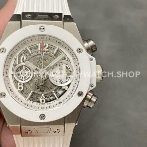 HB Factory Hublot Big Bang Unico 45mm white rubber strap ceramic bezel white skeletonized dial replica watch