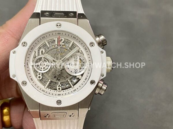 HB Factory Hublot Big Bang Unico 45mm white rubber strap ceramic bezel white skeletonized dial replica watch