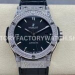 HB Factory Hublot Classic Fusion 542.NX.1171.LR.1704 42mm full diamond leather strap black dial replica watch
