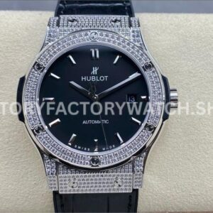 HB Factory Hublot Classic Fusion 542.NX.1171.LR.1704 42mm full diamond leather strap black dial replica watch