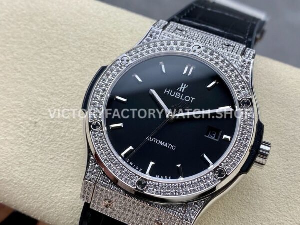 HB Factory Hublot Classic Fusion 542.NX.1171.LR.1704 42mm Full Diamond Leather Strap Black Dial