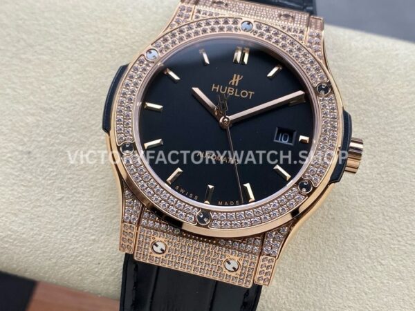 HB Factory Hublot Classic Fusion 542.OX.1181.LR.1704 42mm Full Diamond Rose Gold Leather Strap Black Dial