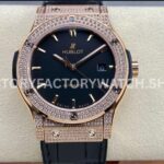 HB Factory Hublot Classic Fusion 542.OX.1181.LR.1704 42mm full diamond rose gold leather strap black dial replica watch