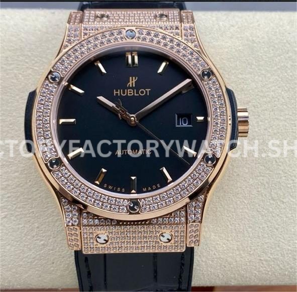 HB Factory Hublot Classic Fusion 542.OX.1181.LR.1704 42mm full diamond rose gold leather strap black dial replica watch