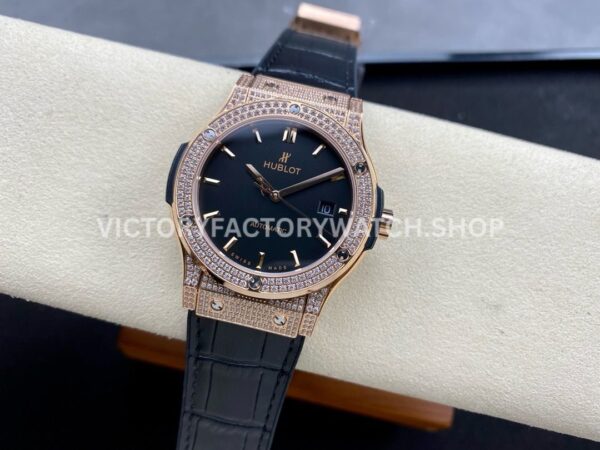 HB Factory Hublot Classic Fusion 542.OX.1181.LR.1704 42mm Full Diamond Rose Gold Leather Strap Black Dial