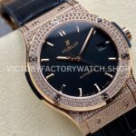 HB Factory Hublot Classic Fusion 542.OX.1181.LR.1704 42mm Full Diamond Rose Gold Leather Strap Black Dial