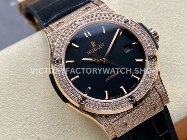HB Factory Hublot Classic Fusion 542.OX.1181.LR.1704 42mm Full Diamond Rose Gold Leather Strap Black Dial