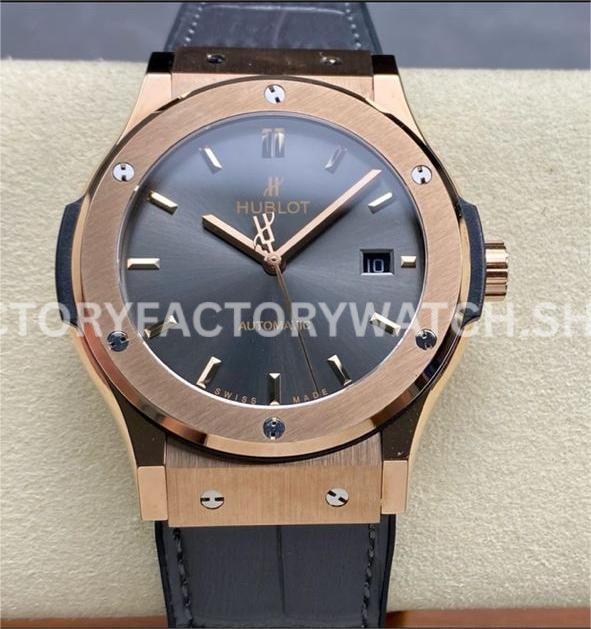 HB Factory Hublot Classic Fusion 542.OX.7081.LR 42mm rose gold grey leather strap grey dial replica watch
