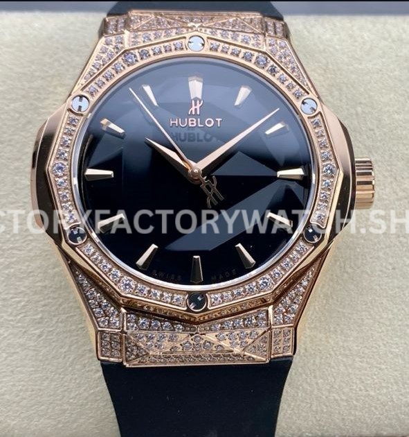 HB Factory Hublot Classic Fusion 550.OS.1800.RX.1604.ORL19 40mm rose gold black rubber strap diamond bezel black dial replica watch