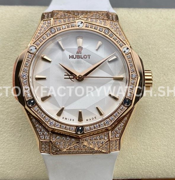 HB Factory Hublot Classic Fusion 550.OS.2200.RW.1604.ORL20 40mm rose gold white rubber strap diamond bezel white dial replica watch