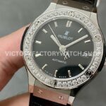 HB Factory Hublot Classic Fusion 565.NX.1470.RX.1204 38mm Steel Leather Strap Diamond Bezel Black Dial