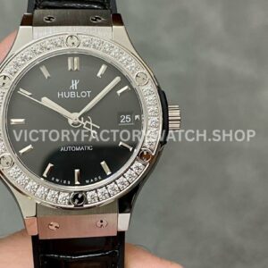 HB Factory Hublot Classic Fusion 565.NX.1470.RX.1204 38mm steel leather strap diamond bezel black dial replica watch