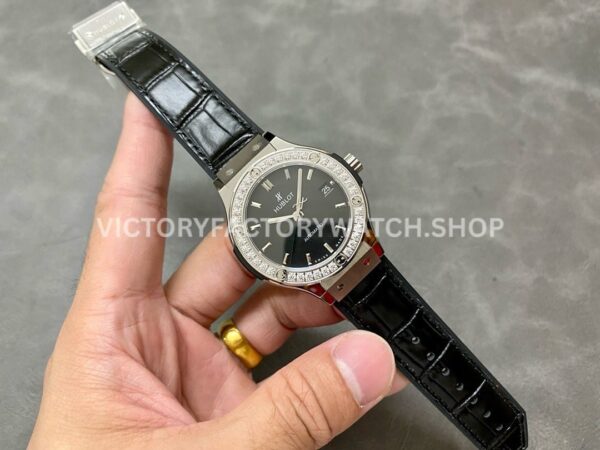 HB Factory Hublot Classic Fusion 565.NX.1470.RX.1204 38mm Steel Leather Strap Diamond Bezel Black Dial