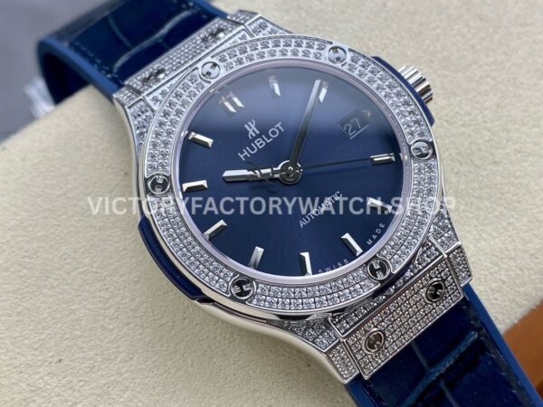 HB Factory Hublot Classic Fusion 565.NX.7170.LR 38mm Steel Diamond Bezel Leather Strap Blue Dial