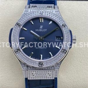 HB Factory Hublot Classic Fusion 565.NX.7170.LR 38mm steel diamond bezel leather strap blue dial replica watch