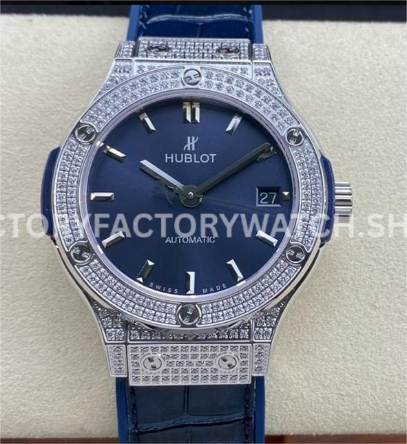 HB Factory Hublot Classic Fusion 565.NX.7170.LR 38mm steel diamond bezel leather strap blue dial replica watch