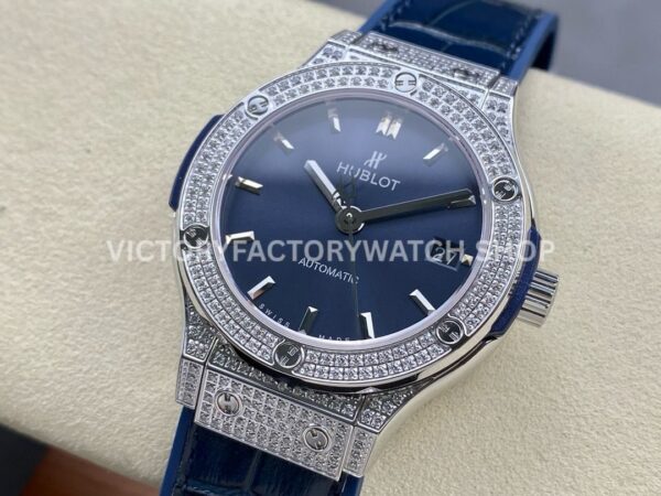HB Factory Hublot Classic Fusion 565.NX.7170.LR 38mm Steel Diamond Bezel Leather Strap Blue Dial