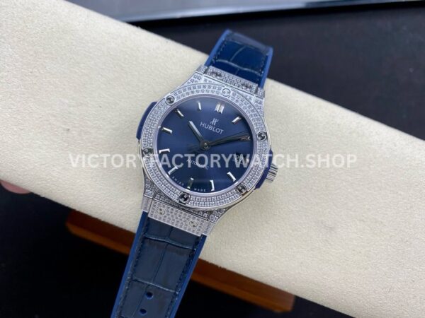 HB Factory Hublot Classic Fusion 565.NX.7170.LR 38mm Steel Diamond Bezel Leather Strap Blue Dial