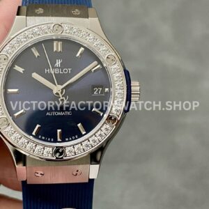 HB Factory Hublot Classic Fusion 565.NX.7170.RX.1204 38mm steel blue rubber strap diamond bezel blue dial replica watch
