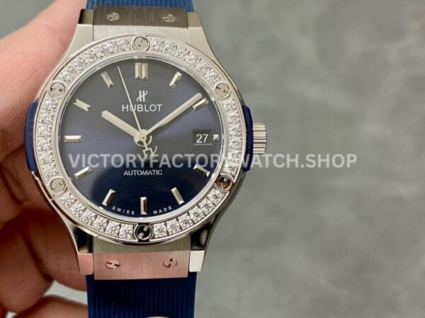 HB Factory Hublot Classic Fusion 565.NX.7170.RX.1204 38mm steel blue rubber strap diamond bezel blue dial replica watch