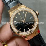 HB Factory Hublot Classic Fusion 565.OX.1480.LR.1204 38mm Rose Gold Leather Strap Diamond Bezel Black Dial