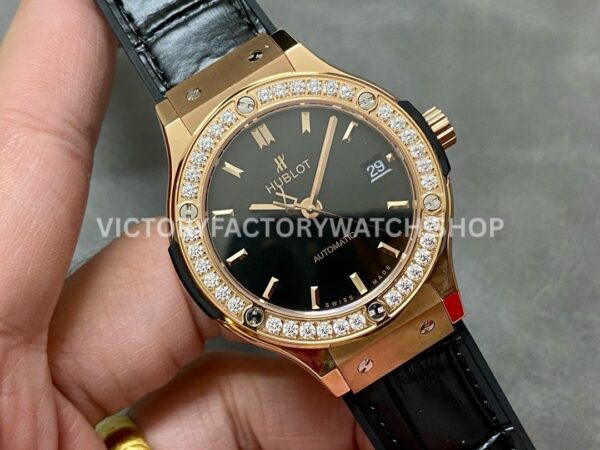 HB Factory Hublot Classic Fusion 565.OX.1480.LR.1204 38mm Rose Gold Leather Strap Diamond Bezel Black Dial