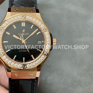 HB Factory Hublot Classic Fusion 565.OX.1480.LR.1204 38mm rose gold leather strap diamond bezel black dial replica watch